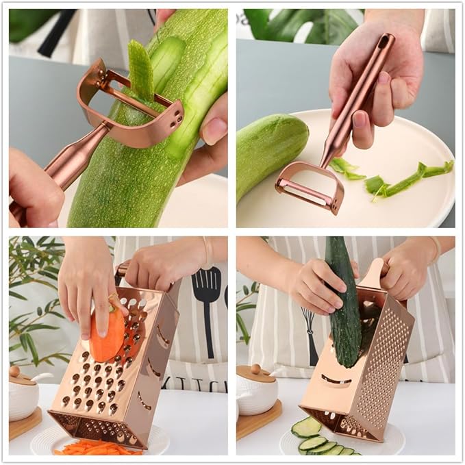 4 Sides Box Grater For Kitchen,Stainless Steel Cheese Grater With Handle,Multi-Function Vegetable Slicer Food Shredder For Chees,Ginger,Vegetables,Rose Gold