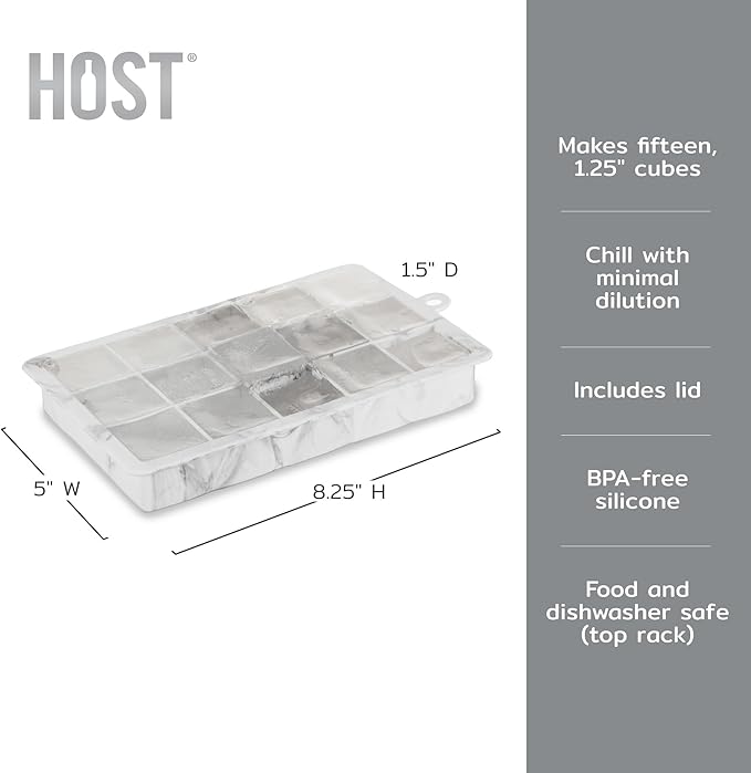 Host Ice Cube Tray with Lid, Makes 15 1.25" Cubes, Durable Silicone Trays, Perfect for Cocktails, Beverages, Mocktails, Iced Coffee, Tea, Infused Water, Kitchen Essentials, Set of 1, Marble