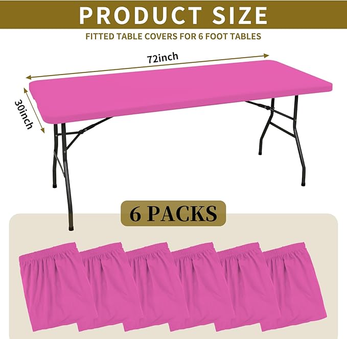 6 Pack Fitted Tablecloth for 6 Foot Rectangle Tables, Hot Pink Elastic Outdoor Picnic Table Cover, Washable Stretch Folding Table Cloths 6 ft for Camping Party Patio Kitchen Banquet, 30" W x 72" L