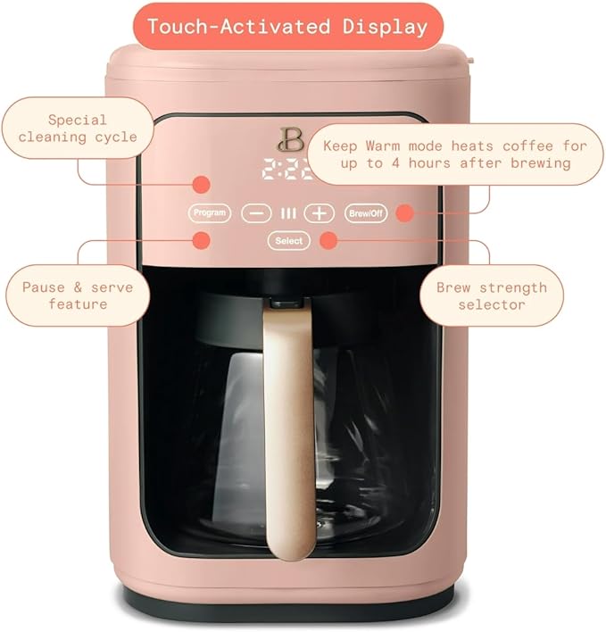 Beautiful 14 Cup Programmable Coffee Maker, Touch Display, 1200W, Brew Strength Control, Keep Warm, Pause & Serve, Glass Carafe, Reusable Filter, Auto Shut-Off (Rose)