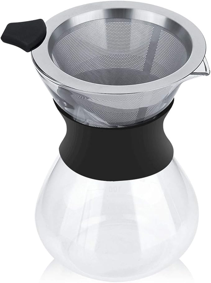 Joyzan Pour Over Coffee Maker, High-Heat Paperless Glass Drip Dripper Brewer Carafe with Reusable Stainless Steel Filter Scale Line Paperless Removable Portable Pot Set Clear Camping Hiking 400ML