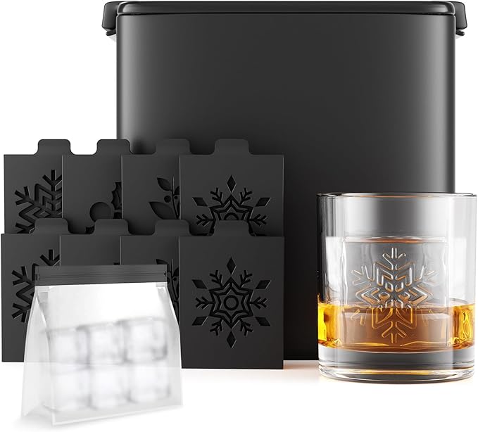 Samuelworld Clear Ice Cube Maker with Winter Design Silicone Inserts: 4 Extra Large 2 inch Clear Square Ice for Whiskey, 2025 Upgraded Crystal Ice Cube Mold - Ice Storage Bag