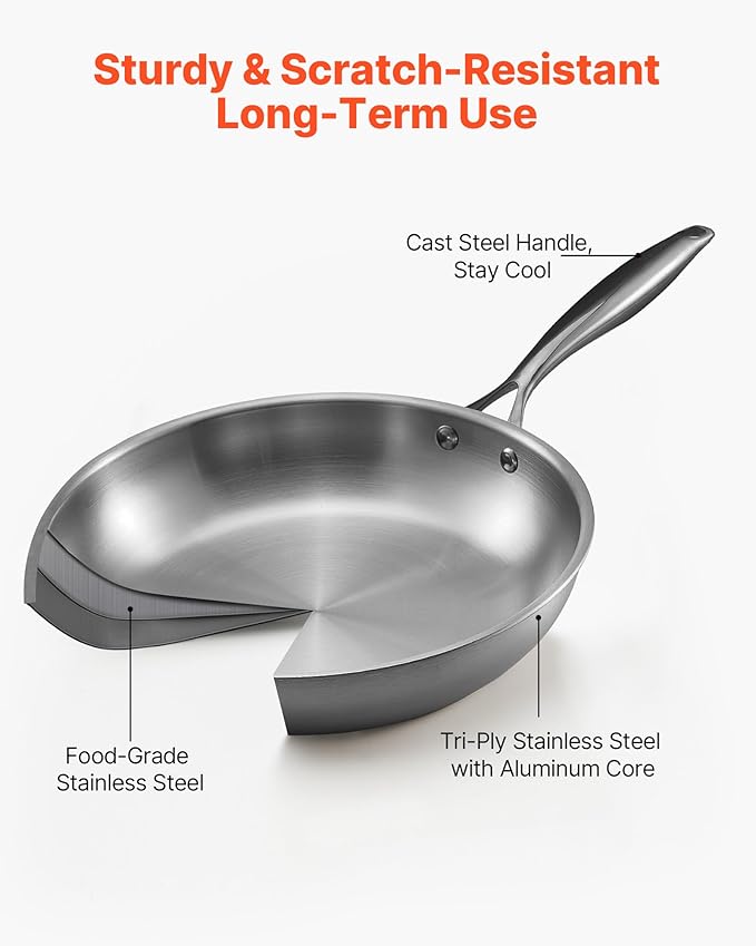 VEVOR Tri-Ply Stainless Steel Frying Pan, 3 Pcs Set (8, 10, 12 in), Cooking Skillet with Heat-Resistant Handle, Chef's Kitchen Cookware, Oven, Gas, Electric, Induction, Dishwasher Compatible, Silver