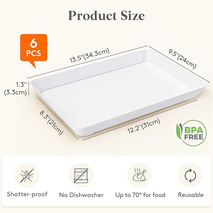 Lifewit Plastic Serving Tray for Party Supplies, White Trays for Serving Food, Reusable Large Platter for Buffet, Fruit, Dessert, Snack, Veggie, Kitchen and Outdoor Use, Rectangle, 14" x 10", 6 Pcs