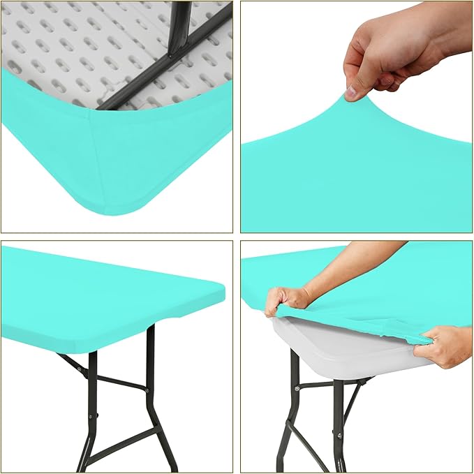 10 Pack Fitted Tablecloth for 6 Foot Rectangle Tables, Aqua Blue Elastic Outdoor Picnic Table Cover, Washable Stretch Folding Table Cloths 6 ft for Camping Party Patio Kitchen Banquet, 30" W x 72" L
