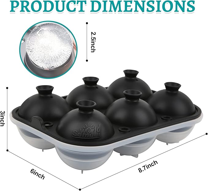 Samuelworld Large Ice Ball Maker with Lid, 6 x 2.5 Inch Ice Balls - BPA Free, Easy To Fill Round Silicone Ice Tray, Perfect Spheres Craft Ice Maker for Whiskey, Cocktails, Gifting - Black