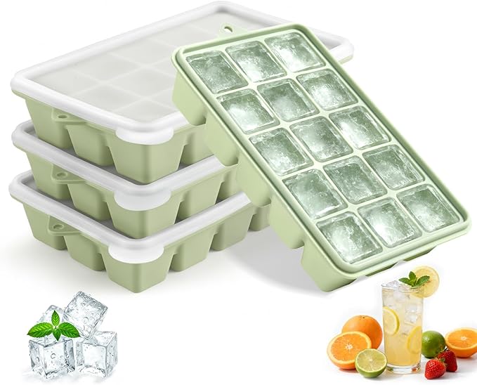 Silicone Ice Cube Trays with Lid, Set of 4, Easy Release Ice Molds, Reusable and Stackable Ice Trays for Freezer for Cocktail, Whiskey, Baby Food, BPA Free (green)