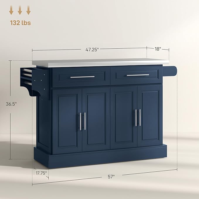 HOMCOM Rolling Kitchen Island Cart with Wheels, Portable Island Table for Kitchen with Stainless Steel Top, Adjustable Shelves, 2 Drawers, Spice, Knife and Towel Rack, Navy Blue