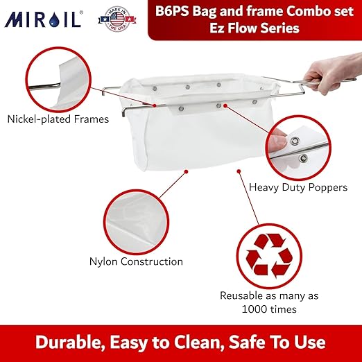 MirOil Silver Pot Filter Bag & Frame Combination Set, Compatible with MirOil 60L and 60LC Oil Filter Pail, Handles Hot & Cold Cooking Oil & Filters Up to 70 Lb. Polishing Oil, B6PS Pot Combo