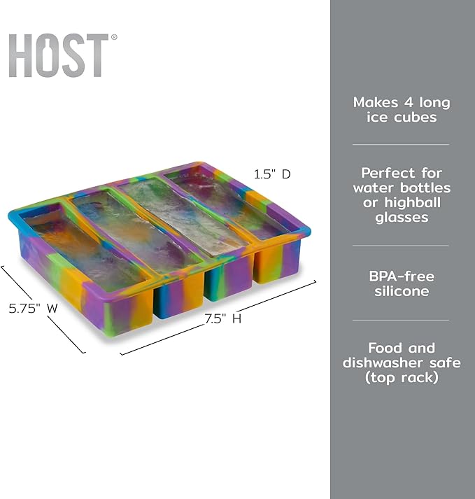 Host Ice Cube Tray, Makes Four 5-Inch Long Cubes, Durable Silicone Trays with Easy Release Design, Perfect for Water Bottles and Highball Glasses, Home Bar Accessories, Set of 1, Colored Marble