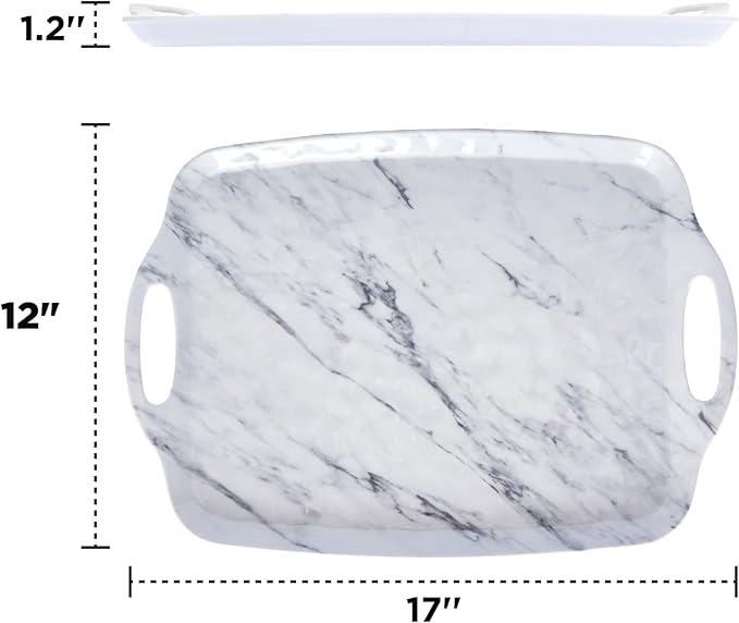 TP Serving Trays with Handles, 17 x 12 Inch Melamine Serving Platters for Food, Meat, Set of 2 Rectangular Trays for Eating, White Marble