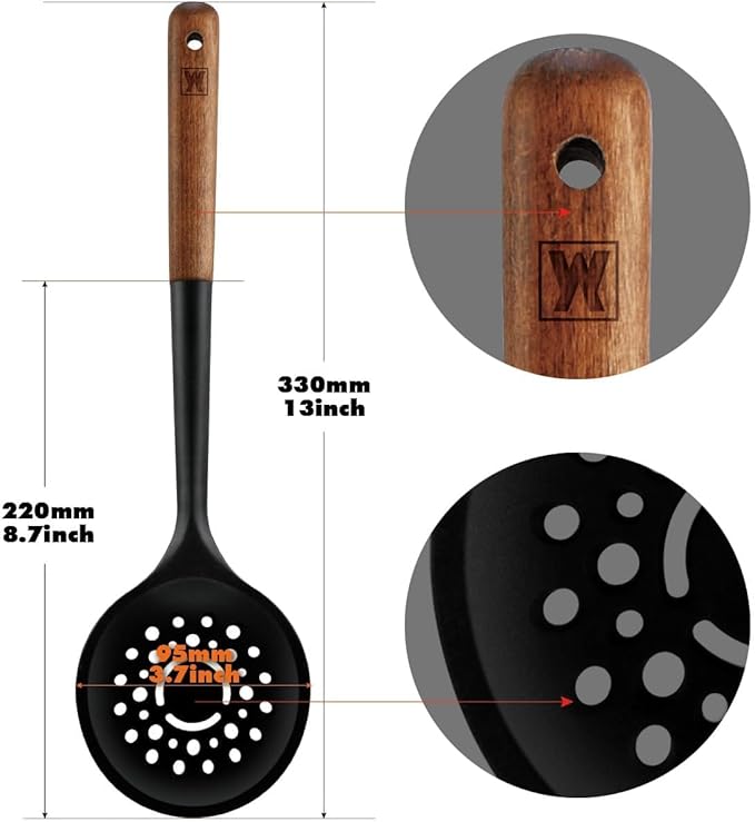 Set of 2pc Silicone Cooking Utensils: Wooden Handle Slotted Spatula + Cooking Skimmer, Heat Resistant Cooking Utensil, BPA Free, Safe Material for All Cooking Surfaces, Non-Slip Grip