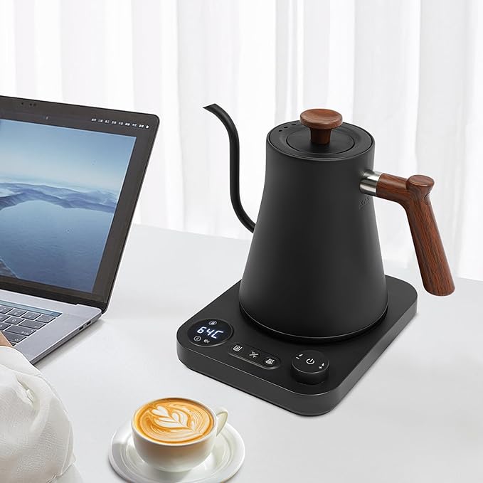 Gooseneck Electric Kettle, 0.24Gal Stainless Steel Electric Tea Kettle with Precision Temperature Control & LED Touchscreen, 1200W 90°Gooseneck Kettle for Tea Coffee (Black)