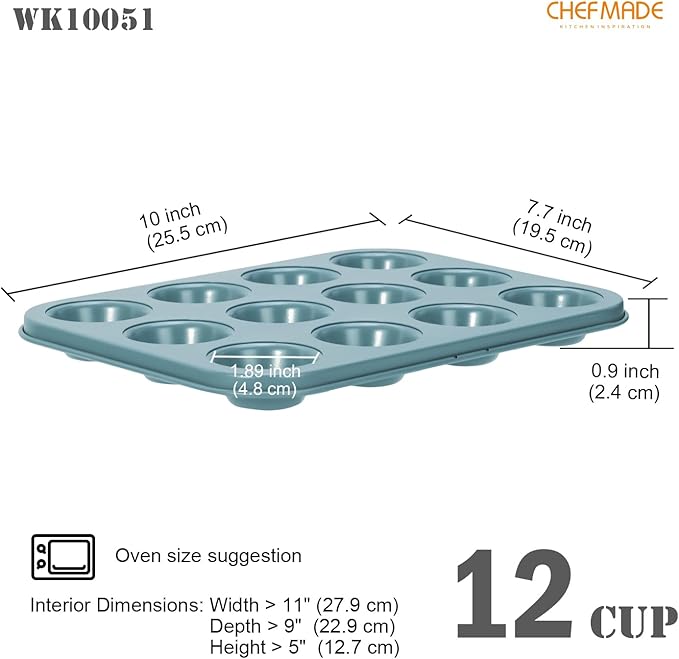 CHEFMADE Mini Muffin Cake Pan, Nonstick 12 Cavity Mini Muffin Bakeware Cupcake Pan for oven Baking（Green）