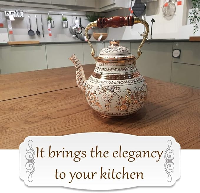 Vintage Copper Turkish TeaPot Tea Kettle Pot for Stovetop Stove Top Infuser Decorative Fancy Arabic Moroccan Party Serving Kitchen Antique Handmade White Floral Unique Style Gooseneck Gift