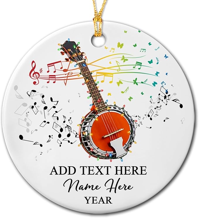 Personalized Banjo Musical Ceramic Ornament Gift for Banjo Player Daughter Son Dad Mom Friends, Customized Text Year Name Banjoist Christmas Ornament 2025, Unique Banjos Instrument Ceramic Ornaments