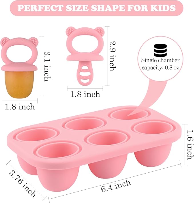 HUAKENER Mini Popsicle Molds, Silicone Popsicle Mold for Toddlers, 6-Cavity Ice Pop Molds with Handle for Making Healthy Baby Food, Breastmilk Popsicle (Pink)