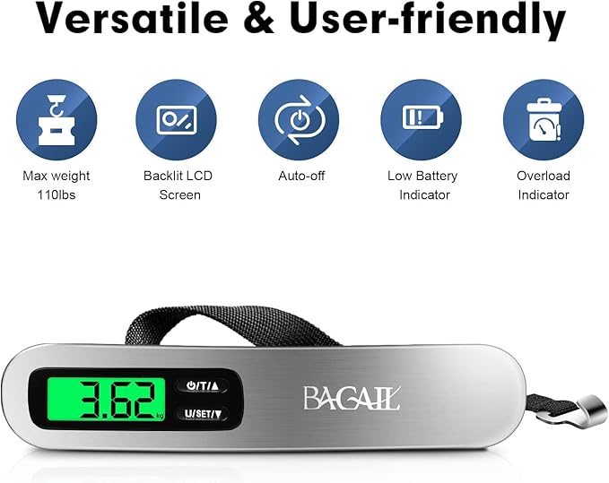 BAGAIL Digital Luggage Scale, 110lbs Hanging Baggage Scale with Backlit LCD Display, Portable Suitcase Weighing Scale, Travel Luggage Weight Scale with Hook, Strong Straps for Travelers