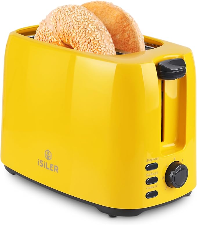 iSiLER 2 Slice Toaster, 1.3 Inches Wide Slot Bagel Toaster with 7 Shade Settings and Double Side Baking, Removable Crumb Tray, Defrost Cancel Function Yellow