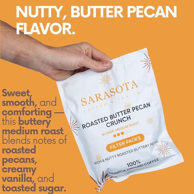 Ground Flavored Coffee In Filter Packs | Medium Roast Low Acid Mold Free Pouches | Sampler Packets | Roasted Butter Pecan Crunch Gourmet Powder Bags for 10-12 Cup Drip Maker | Highest Rated Individual Premeasured Coffee