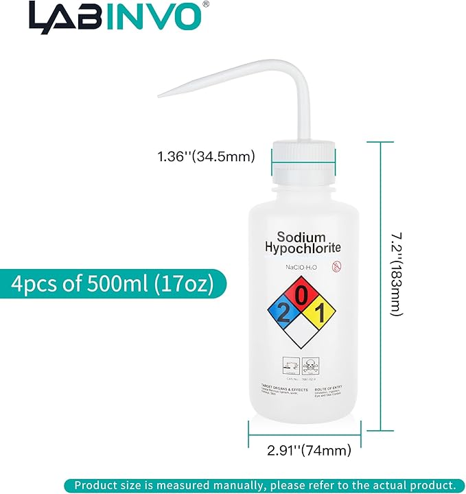 4pcs of Sodium Hypochloride Wash Bottles, Vol.500ml (17oz), Narrow Mouth, Self-Venting Safety Wash Bottles, LDPE Material, IN-WBS500