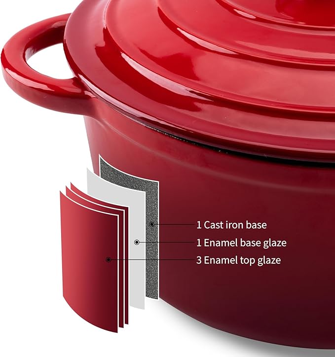 Enameled Cast Iron Dutch Oven Pot with Lid Heavy-Duty Cookware for Bread Baking, Braising, Stews, Roasting,4QT，red