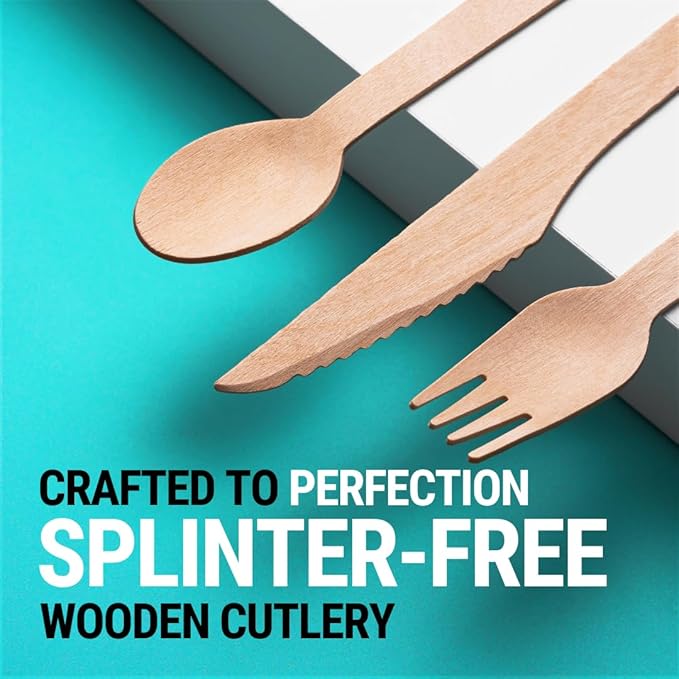 300pcs Disposable Wooden Cutlery Set (150 Forks, 100 Spoons, 50 Knives) Our Heavy Duty Compostable Wood Utensils is FSC Certified Protecting Forests. Zero Plastic Cutlery For Any Occasion