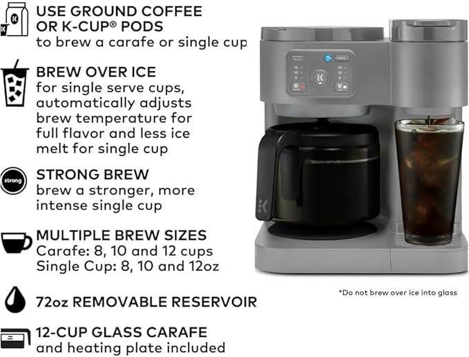 2-in-1 Hot & Iced Coffee Maker for Pods & Grounds – 12-Cup Glass Carafe & Single-Serve Brewer, 72oz Reservoir, Strong Brew, Extra Hot, Brew Over Ice, MultiStream Tech, Compact Design (Gray)