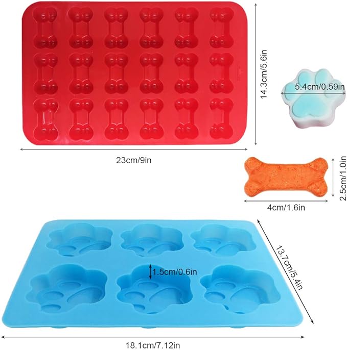 4 Pcs Silicone Candy Chocolate Molds, FineGood Puppy Dog Paw & Bone Shaped Ice Cube Trays Cookies Baking Pans for Making Frozen Dog Treats Soap Bars - Red, Blue, Purple, Pink