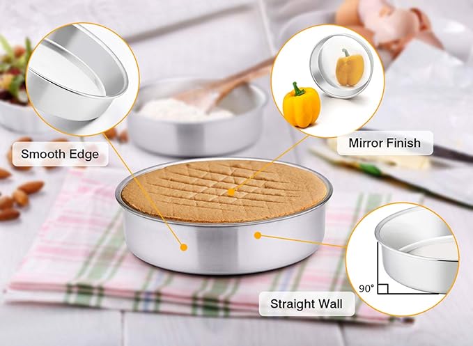 TeamFar 8 Inch Cake Pan, 3 Pcs Round Cake Pan Tier Cake Pan Set Stainless Steel, Healthy & Heavy Duty, Mirror Finish & Easy Clean, Dishwasher Safe