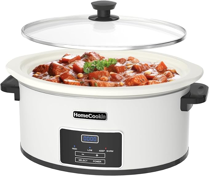 HOMECOOKIN 7-Quart Programmable Slow Cooker with Timer Keep Warm - Small Kitchen Appliance for Family Dinners - Serves 6+ People (White)