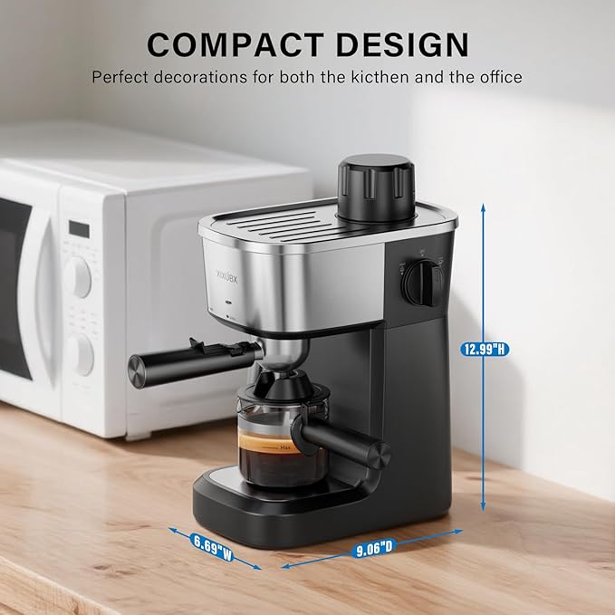 6 Bar Espresso Machine, 800W Compact Coffee Maker with Stainless Steel Cup Warmer, Steam Milk Frother, Automatic Pressure Relief, Cappuccino & Latte Maker, Black, for Home and Office
