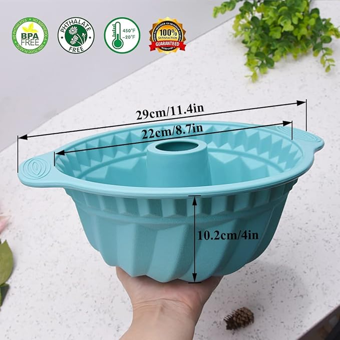 Kenond Silicone Fluted Pans, Non-stick with Sturdy Handle, Baking Molds, Perfect Bakeware for Cake, Jello, Gelatin, Bread, Para Gelatinas, 9.5 Inch (Blue)