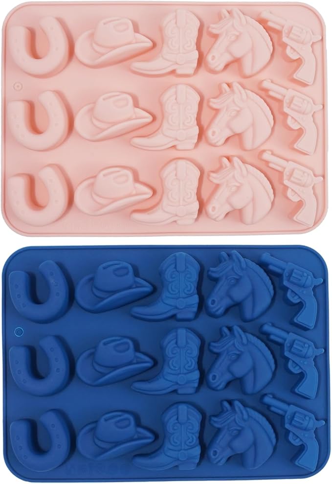 2 Pack Cowboy Chocolate Molds, Western Theme Silicone Mold Baking with Cowboy Hat, Cowboy Boot and Horse, Suitable for Making Chocolate, Candy, Cakes, Cupcakes, And Cookies Soaps (Pink and Blue-2PCS)