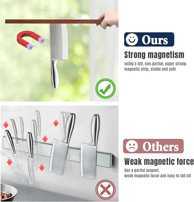 Dmore magnetic knife holder for wall—with 2 hooks, No Drilling 16 Inch walnut knife magnetic strip, Powerful knife magnet rack, include Adhesive Tape and screws for Knives, Utensils, and Tools