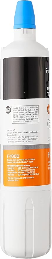 INSINKERATOR F-1000 Under Sink Water Filter Replacement Cartridge for INSINKERATOR Water Filtration System, Chlorine Filter, White