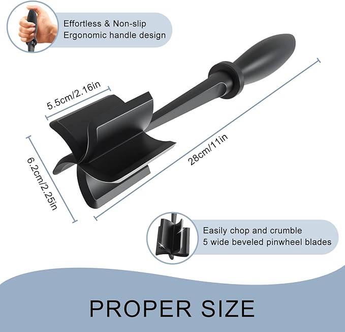 Meat Chopper, 5 Curve Blades Ground Beef Masher, Heat Resistant Meat Masher Tool for Hamburger Meat, Ground Beef, Turkey and More, Nylon Hamburger Chopper Utensil Non-scratch Utensils