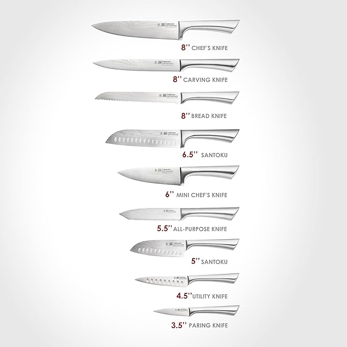 Cuisine::pro Damashiro Knife Block (Hiryu, 10-Piece Set) - Premium Japanese Steel Knife Set with Acacia Wood Block & Tempered Glass Window - Damascus-Inspired Blade