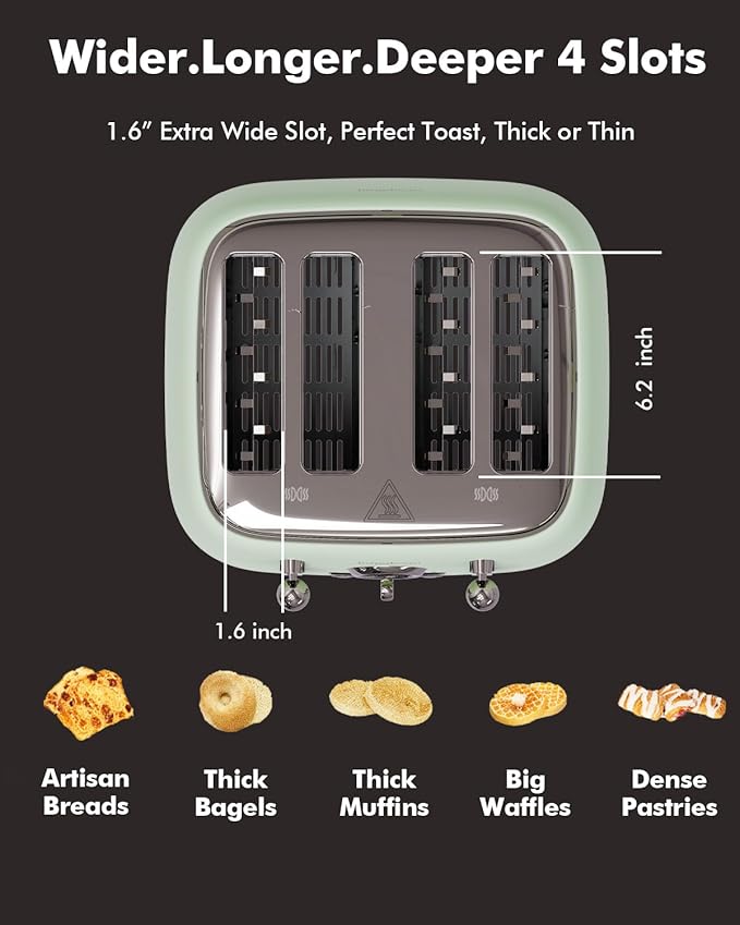 LONGDEEM Retro 4-Slice Toaster 1.6" Wide Slots - 6 Toast Settings with Bagel Function, Stainless Steel Body, Defrost/Cancel Button & Crumb Tray, Vintage Green