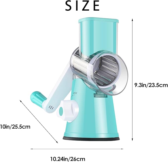 Cheese Grater Hand Crank, Rotary Vegetable Shredder with Handle and Strong Suction base, 3 in 1 Kitchen Speed Spin Veggie Slicer Nut Grinder for Pizza Top, Hash brown, Salad and More (Blue)
