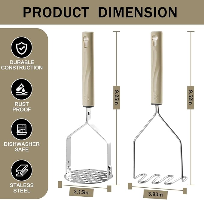 Potato Masher Stainless Steel, 2pcs Heavy Duty Mashed Potato Mashers - Masher Kitchen Tool & Food Mashers for Potatoes, Beans, Avocado, Meat, Vegetables Dishwasher Safe