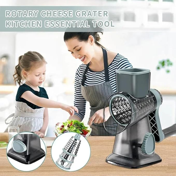 XUANYILA Rotary Cheese Cheese Grater Hand Crank Vegetable Cheese Grater for Kitchen 3 Changeable Blades for Cheese Potato Zucchini Nuts Chocolate - GreyBlue