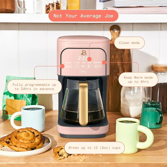 Beautiful 12-Cup Programmable Coffee Maker – Auto Brew, Digital Timer, Glass Carafe (Rose)