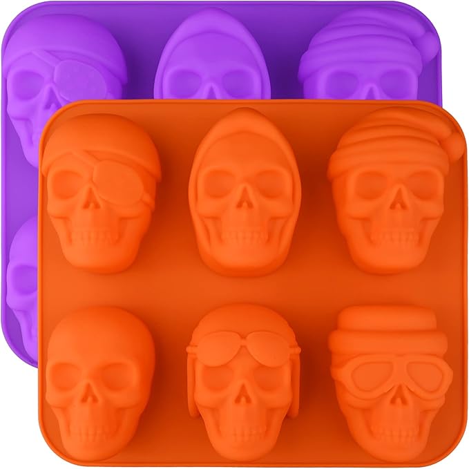 HUAKENER 2 Pack Skull Cake Pan, 6 Cavity Skull Cake Molds, Silicone Skull Baking Pan for Mini Cakes, Chocolate Bomb, Pudding, Halloween Baking