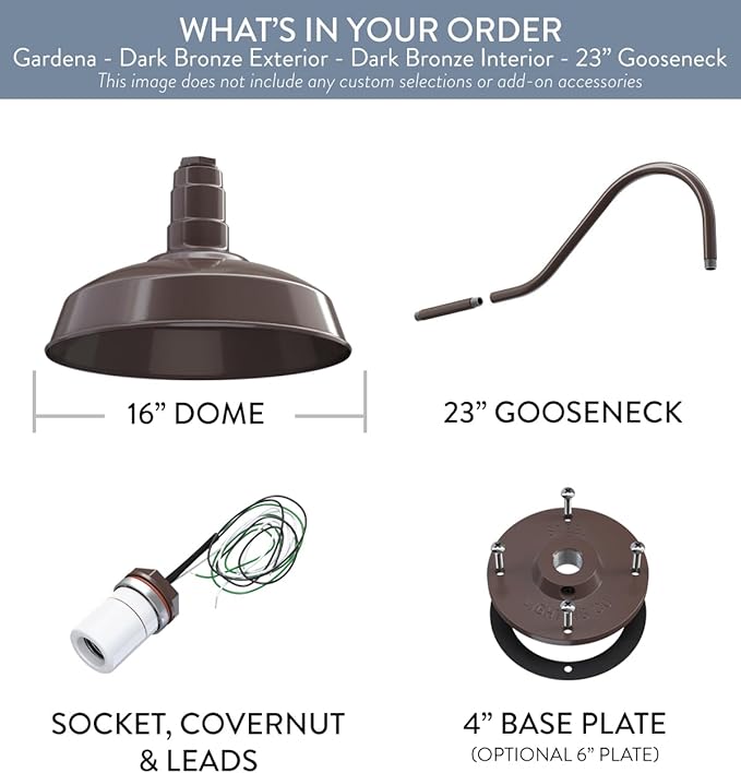 Steel Lighting Co. Gardena Barn Light | Outdoor Wall Mounted | 16" Dome | 23" Gooseneck | Farmhouse Light Made in America | Dark Bronze Exterior/Dark Bronze Interior
