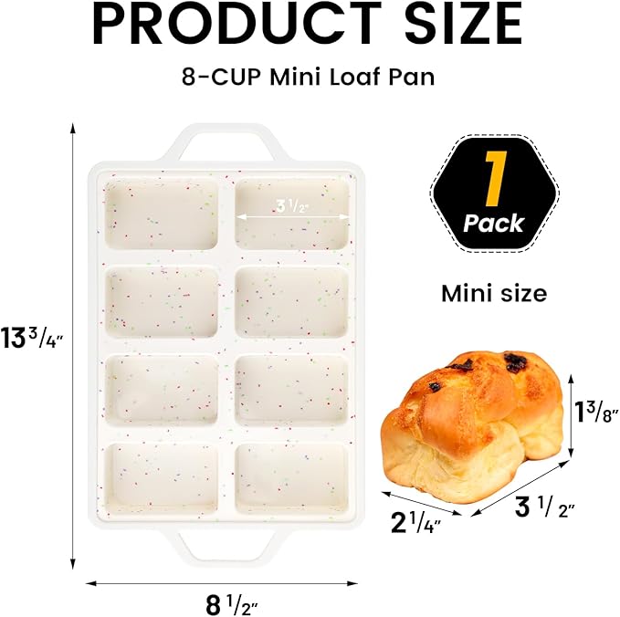 Vinino Silicone Mini Loaf Pans with Metal Reinforced Frame-1 Pack, Non-stick Silicone Bread Pan for Baking 8-Cavity, Tiny Banana Bread Pan Set, Dishwasher Safe Brownie Pan-Cream