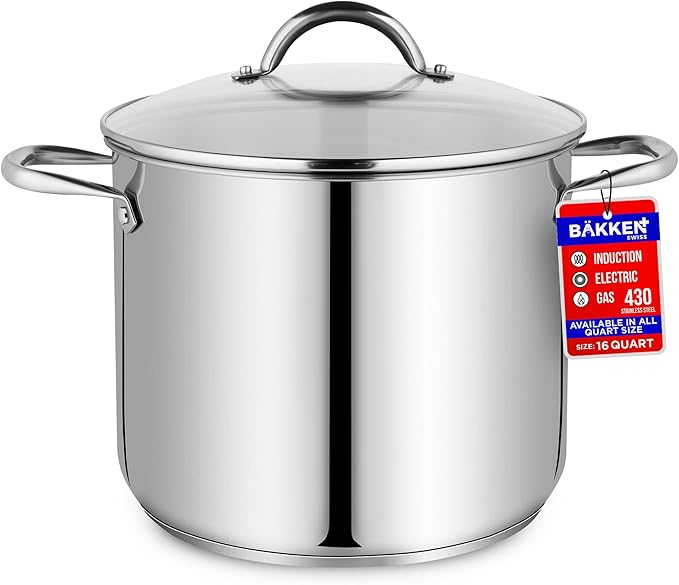 Stainless Steel Stockpot with Tempered Glass Lid 16 Quart, Durable 18/0 Stainless Steel, Impact-Bonded Base for Even Heating, Riveted Handles, Oven & All Stove Compatible, Safe Up To 500°F (260°C)