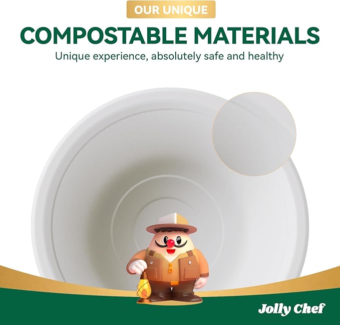 JOLLY CHEF Compostable Disposable Paper Bowl [12 oz] Heavy Duty Soup Containers [150 Pack] Biodegradable Bagasse Hot Cold Food Eco-Friendly Sugarcane Microwavable Bowls for Salad Milk Thanksgiving Day
