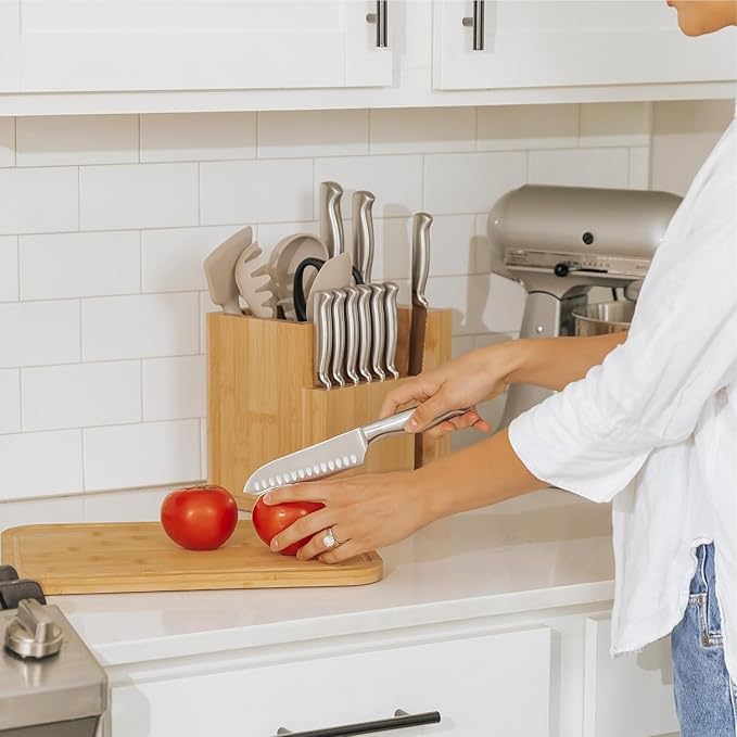 KitchenEdge Bamboo Magnetic Knife Block and Cooking Utensil Holder, Sleek Storage for Chefs Knives, Steak Knives, Spatulas, Scissors, Non-Slip Rubber Feet, Easy to Clean, Kitchen Countertop Organizer