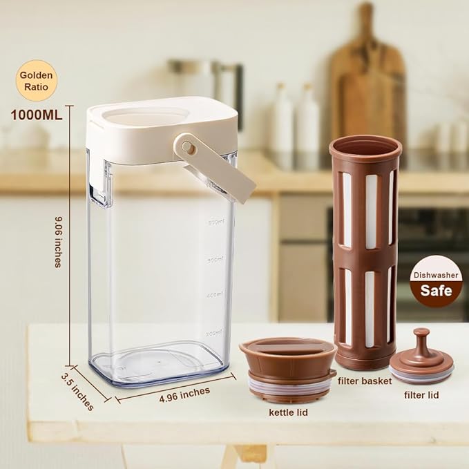 Cold Brew Coffee Maker, 1L/35oz Portable & Durable Iced Tea and Coffee Brewer, Leak-Proof & BPA-Free, Removable Mesh Filter For Easy Cleaning & Using, Dishwasher Safe, Space Saving.